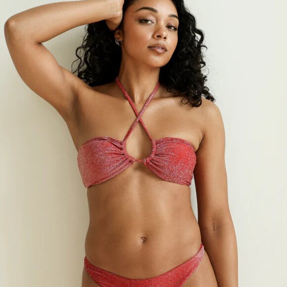 dippin' daisy's Amalfi String Tie Bandeau Bikini Top in Flame, Size 2X - Picture 2 of 7